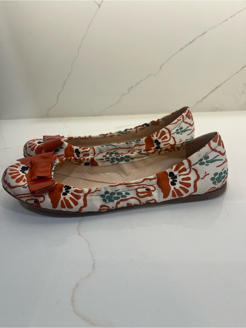 Prada Floral Print Ballet Flats with Patent Leather Bow | Made in Italy - Picture 7 of 10